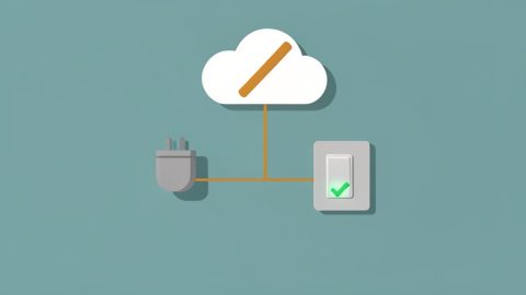 A smart plug and light switch working locally with a green checkmark while a cloud icon is crossed out for no internet