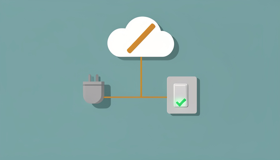 A smart plug and light switch working locally with a green checkmark while a cloud icon is crossed out for no internet