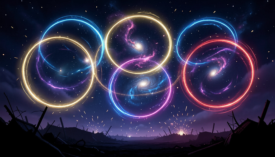 Conceptual illustration of multiple glowing comic-style portals converging over a dark cosmic battlefield, evoking a multiverse crossover