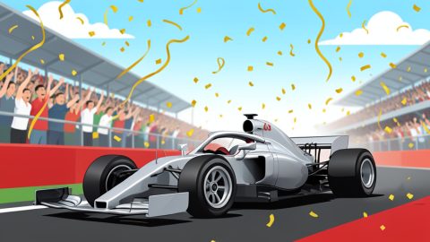 Conceptual illustration of a silver Formula 1 car crossing a finish line under celebratory confetti at a grand prix circuit, evoking a home victory