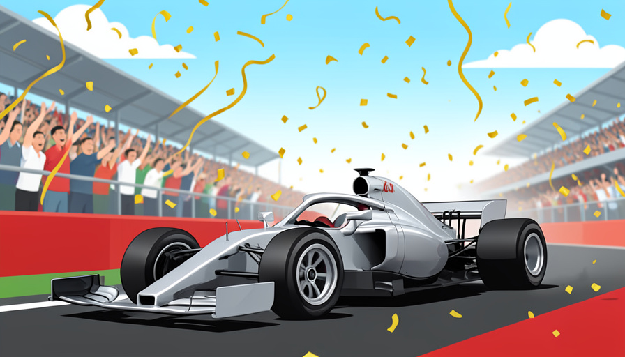 Conceptual illustration of a silver Formula 1 car crossing a finish line under celebratory confetti at a grand prix circuit, evoking a home victory