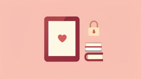 An e-reader showing a romance book beside a stack of books, with a broken-lock DRM-free badge and download arrow