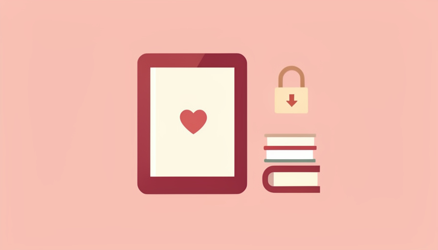 An e-reader showing a romance book beside a stack of books, with a broken-lock DRM-free badge and download arrow