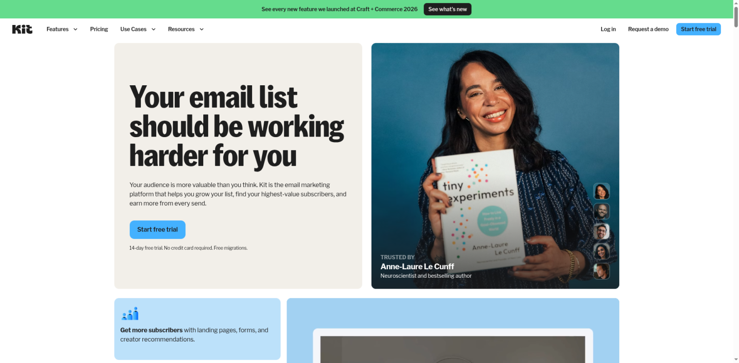 Kit creator email platform homepage showing subscriber-first tools