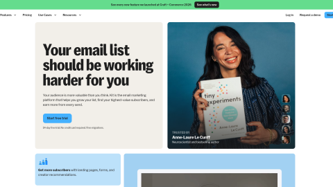 Kit creator email platform homepage showing subscriber-first tools