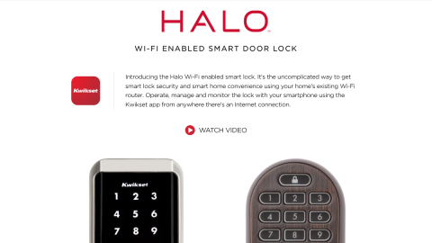 Kwikset Halo Wi-Fi smart lock product page, a hub-free keypad deadbolt that connects directly to a home router