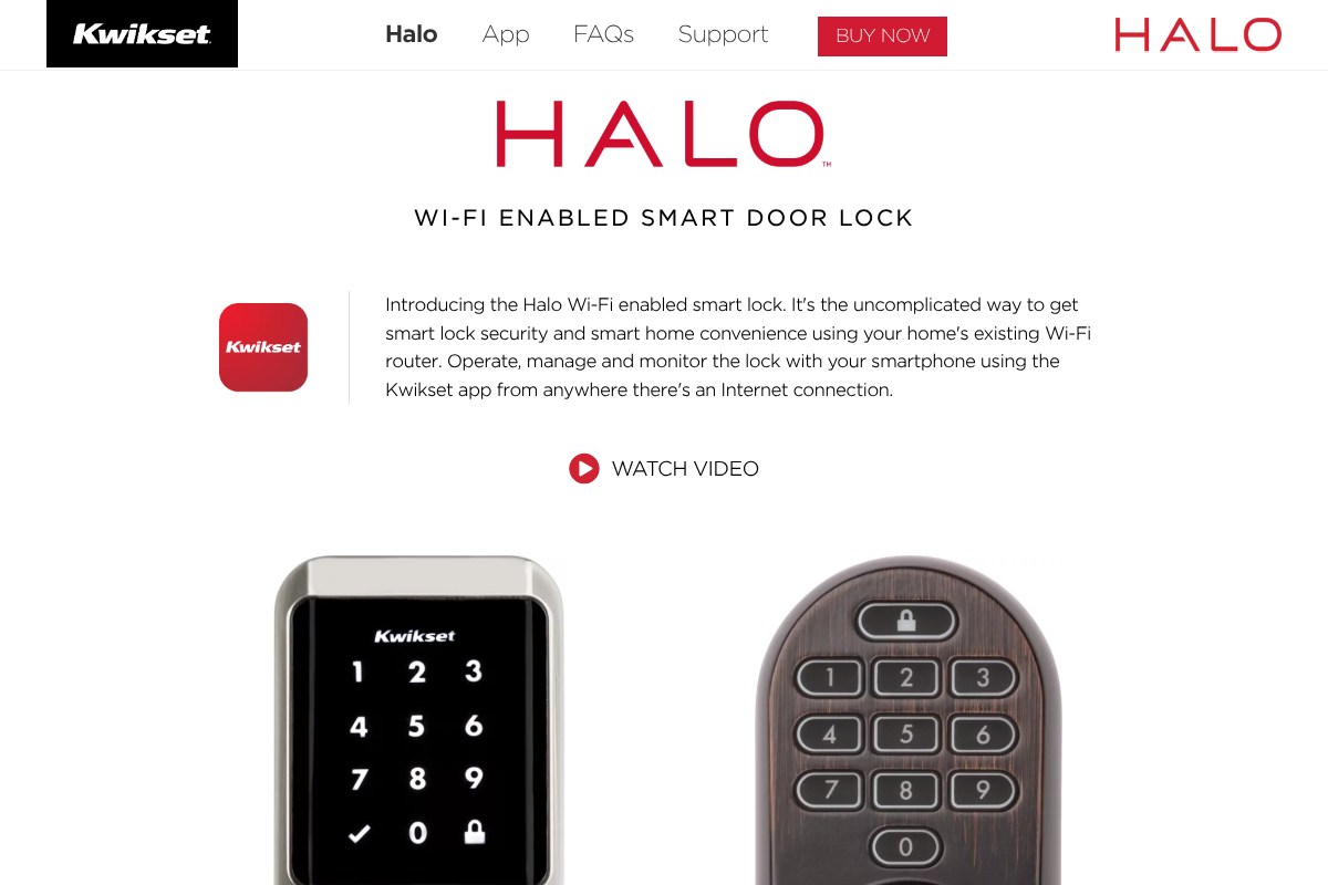 Kwikset Halo Wi-Fi smart lock product page, a hub-free keypad deadbolt that connects directly to a home router