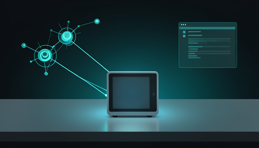 Conceptual illustration of a small square mini PC on a desk glowing softly, connected to abstract AI agent nodes