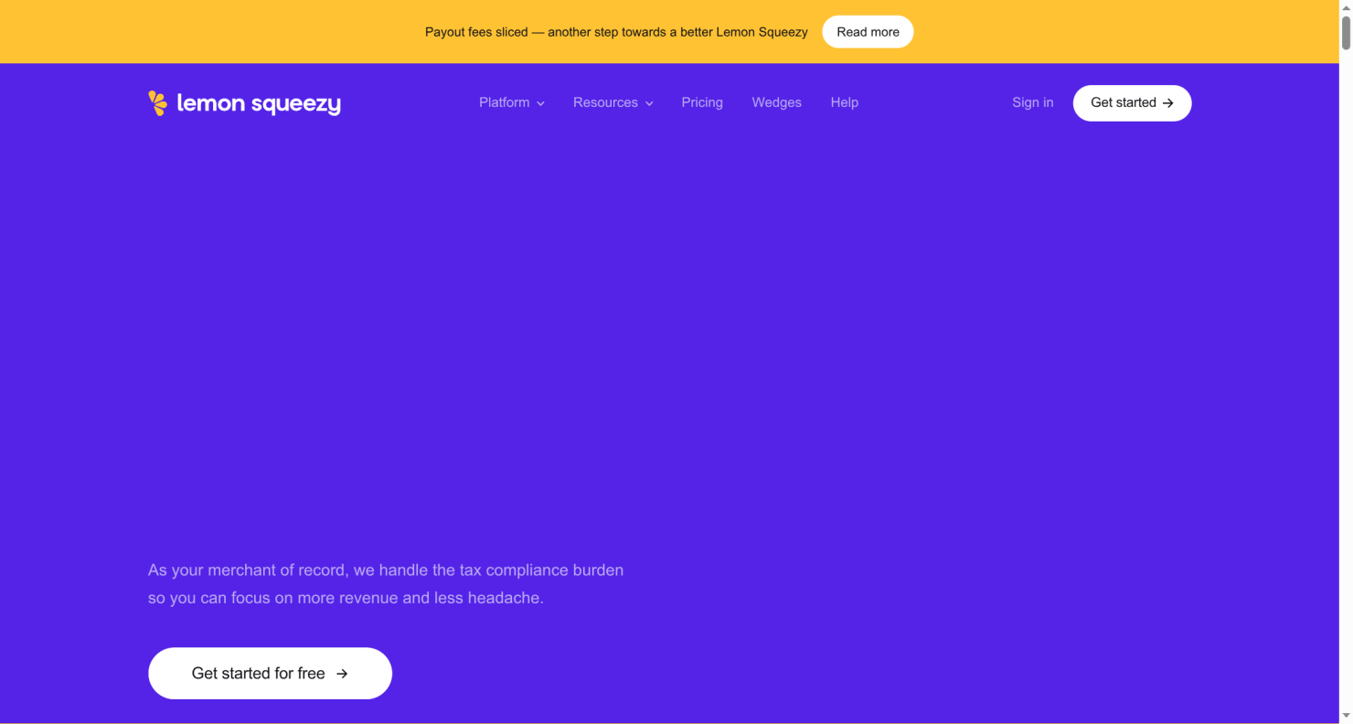 Lemon Squeezy merchant-of-record platform homepage for selling digital products and subscriptions