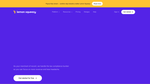 Lemon Squeezy merchant-of-record platform homepage for selling digital products and subscriptions