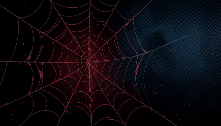 Conceptual illustration of an eerie glowing spiderweb in shadow with a torn comic-page texture, evoking horror comics