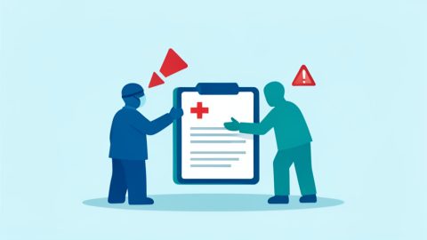 Conceptual illustration of a medical cross and a health record file with a warning triangle, evoking stolen medical identity and patient records