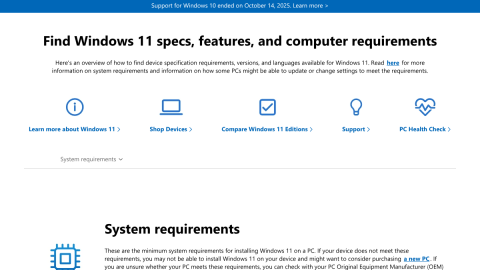 Microsoft Windows 11 specifications page listing Copilot+ PC requirements