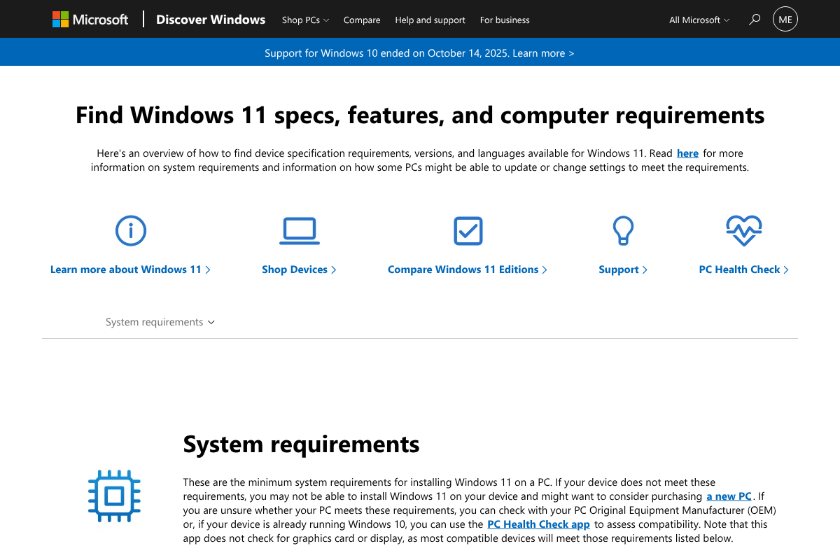 Microsoft Windows 11 specifications page listing Copilot+ PC requirements