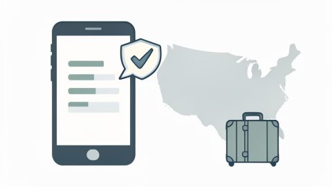 Conceptual illustration of a smartphone with signal bars and an incoming text message showing a shield, beside a small US map and suitcase, evoking reliable 2FA text codes while traveling