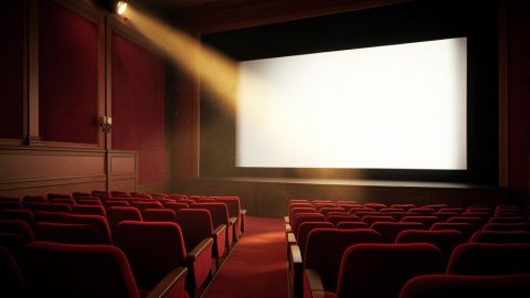 Conceptual illustration of a vintage cinema marquee and projector beam over an empty theater, evoking a film re-release