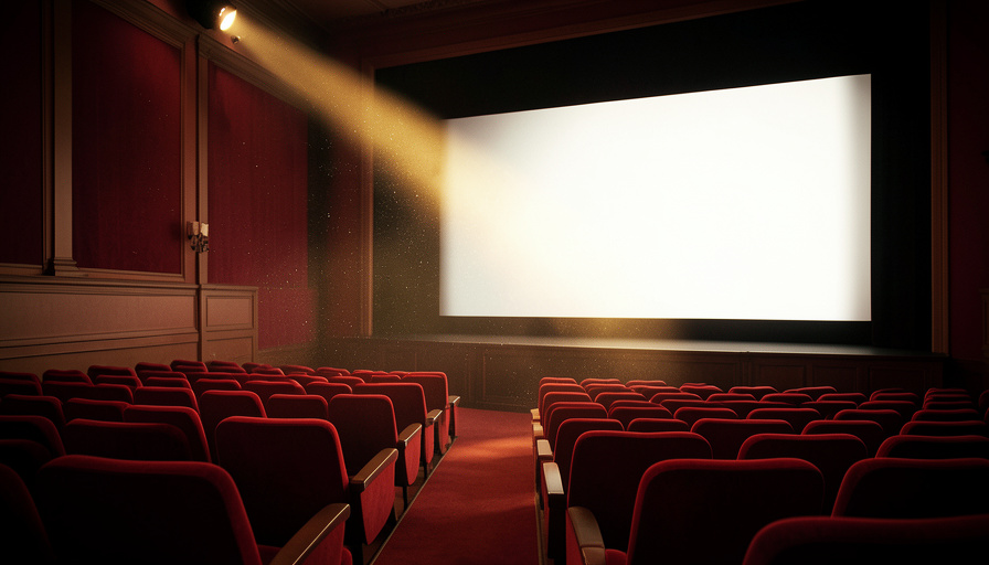 Conceptual illustration of a vintage cinema marquee and projector beam over an empty theater, evoking a film re-release