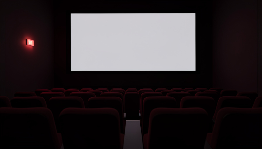 Conceptual illustration of a dim cinema auditorium with rows of empty seats and a faint exit-sign glow, evoking venue safety
