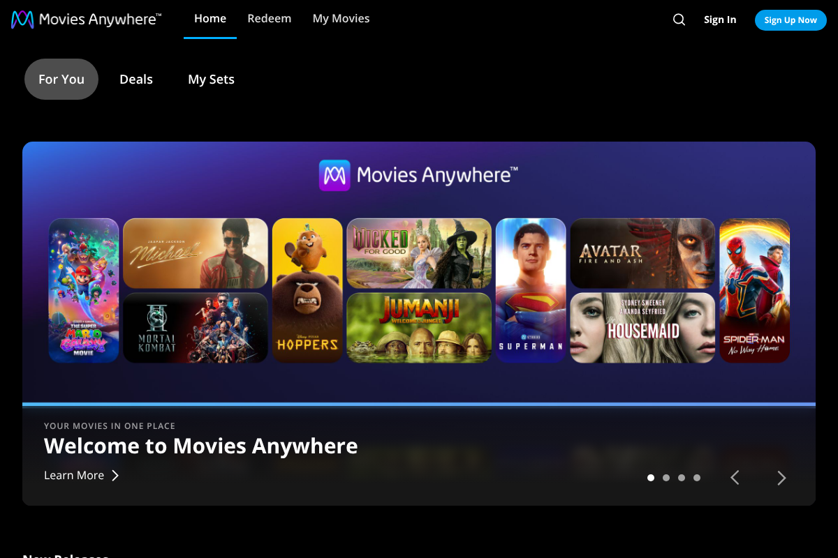 Movies Anywhere homepage explaining how it connects digital movie libraries across retailers