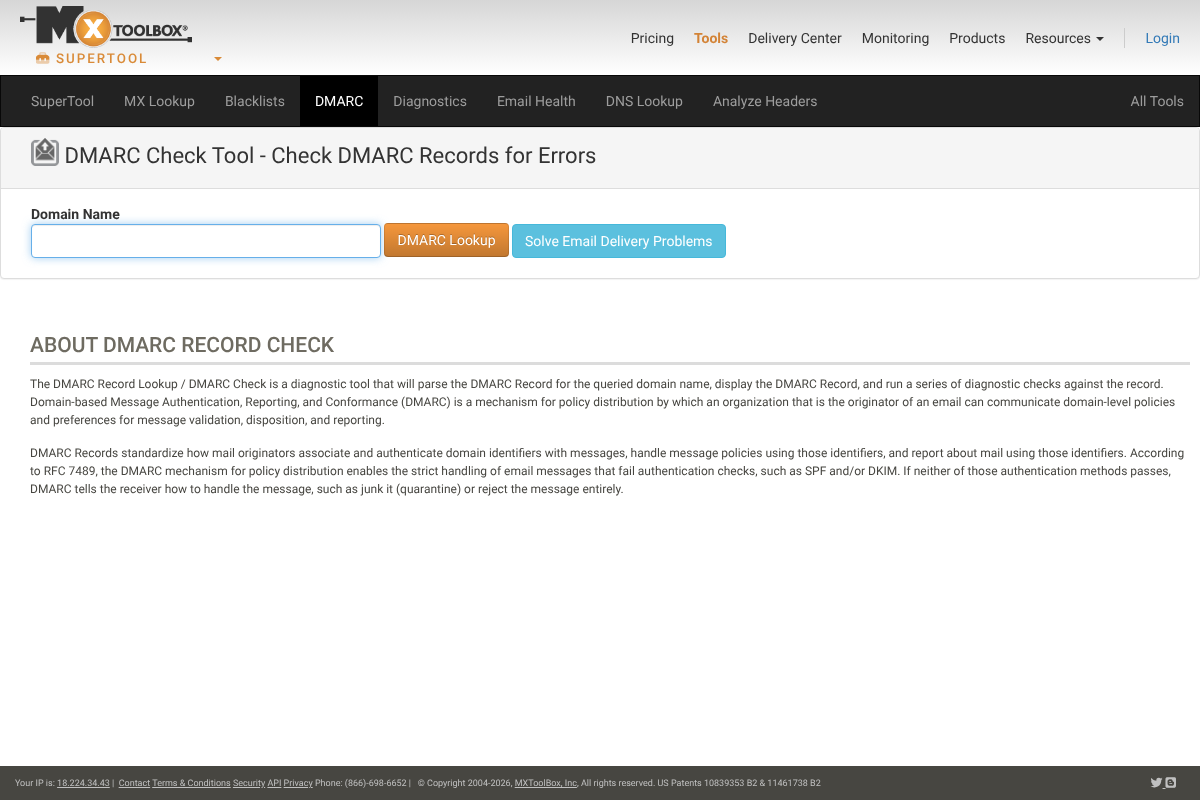 MXToolbox DMARC record checker tool