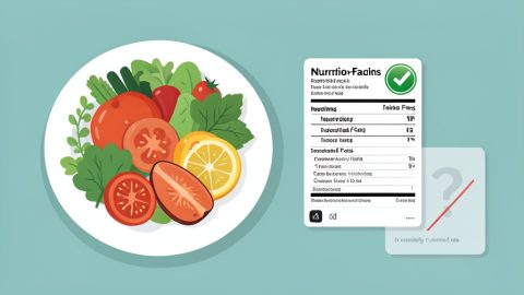 A plate of healthy food beside a verified nutrition-facts card and a crossed-out unverified entry