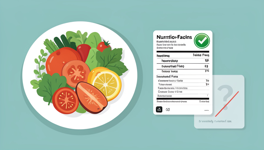A plate of healthy food beside a verified nutrition-facts card and a crossed-out unverified entry