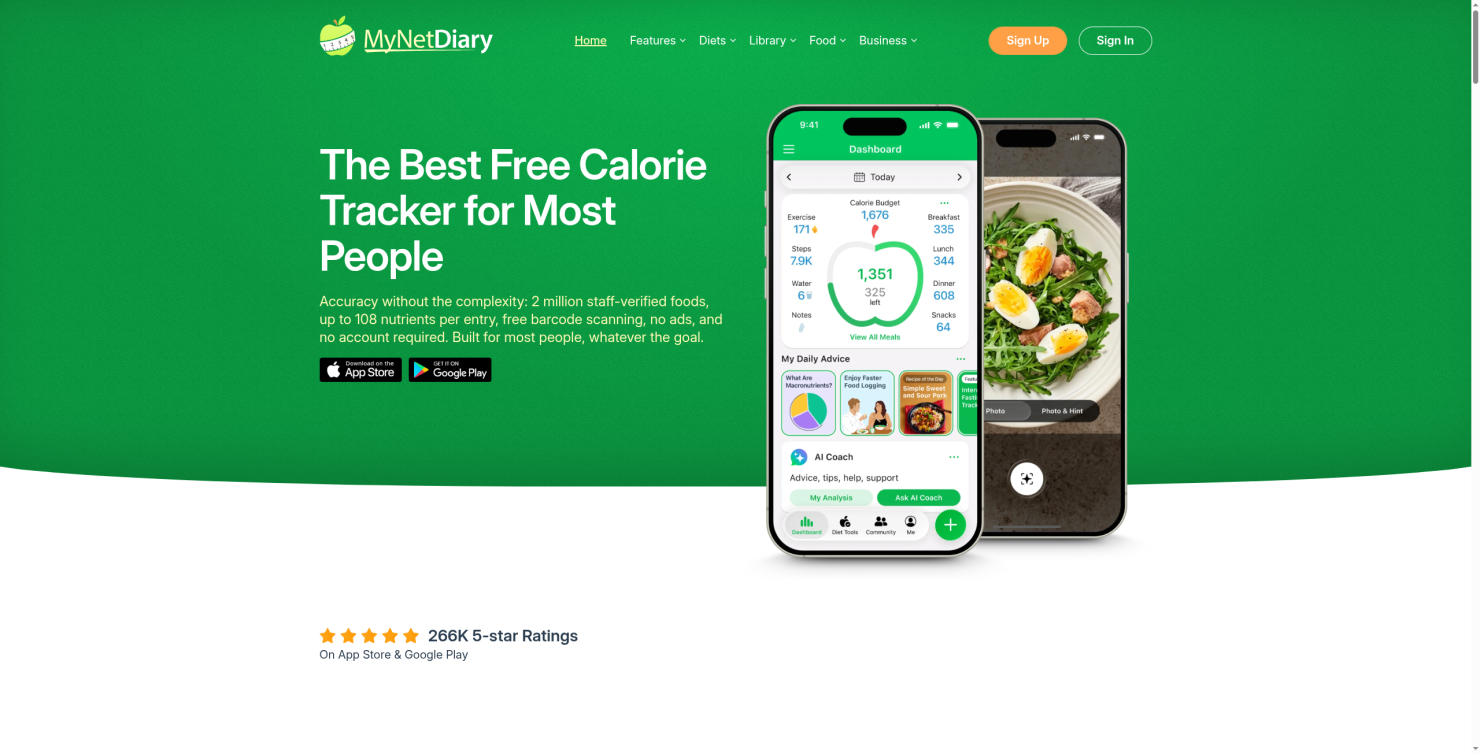 MyNetDiary calorie counter homepage