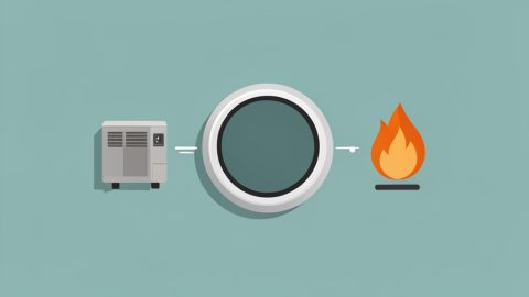 A smart thermostat between an outdoor heat pump unit icon and a furnace flame icon, showing a switchover threshold