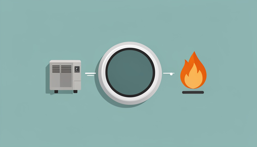 A smart thermostat between an outdoor heat pump unit icon and a furnace flame icon, showing a switchover threshold