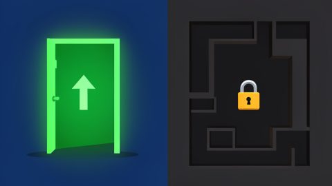 Conceptual illustration of an easy sign-up door beside a locked maze representing a hard subscription cancellation flow