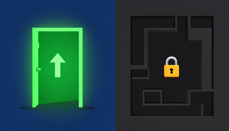 Conceptual illustration of an easy sign-up door beside a locked maze representing a hard subscription cancellation flow