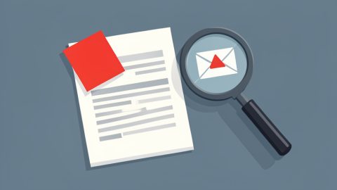 Printed invoice with a red warning sticky note beside a magnifying glass inspecting a suspicious email
