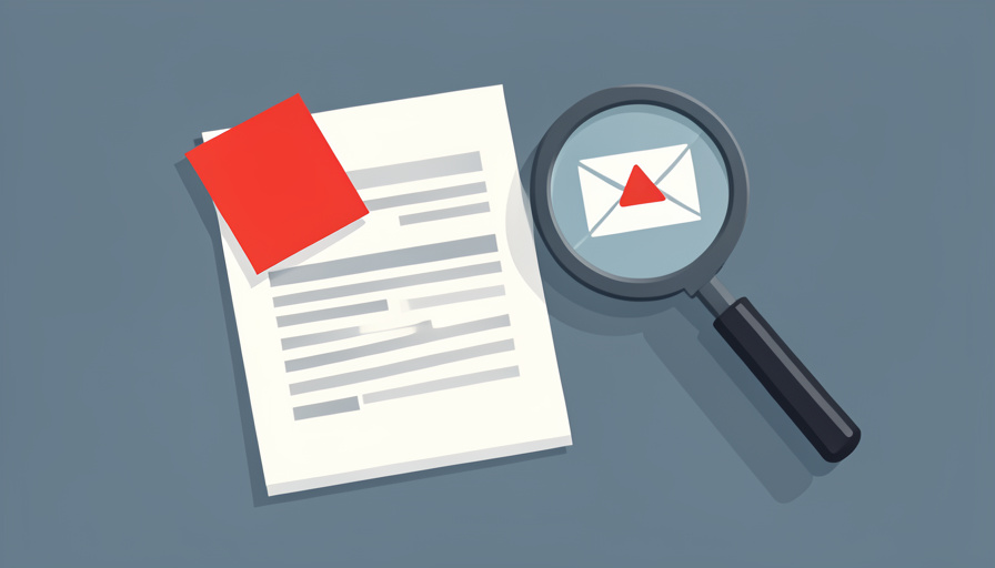 Printed invoice with a red warning sticky note beside a magnifying glass inspecting a suspicious email