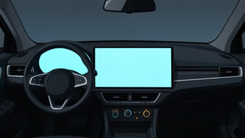 Conceptual illustration of a car dashboard dominated by one huge glowing touchscreen with faded physical buttons beside it, evoking the screens-versus-buttons debate