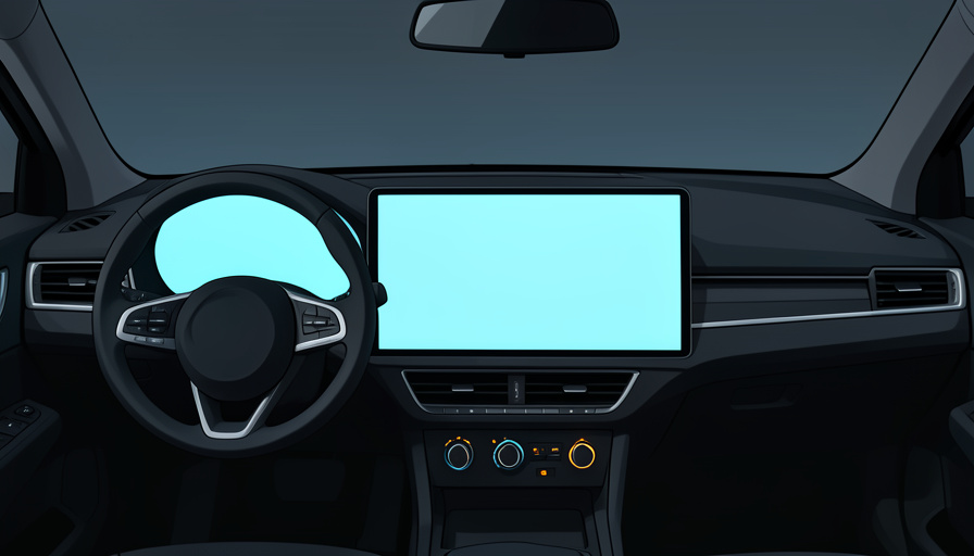 Conceptual illustration of a car dashboard dominated by one huge glowing touchscreen with faded physical buttons beside it, evoking the screens-versus-buttons debate