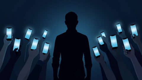 Conceptual illustration of a lone figure silhouette surrounded by raised smartphones, evoking the pressure of public recognition and photo requests