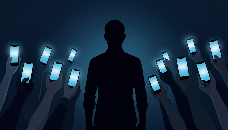 Conceptual illustration of a lone figure silhouette surrounded by raised smartphones, evoking the pressure of public recognition and photo requests