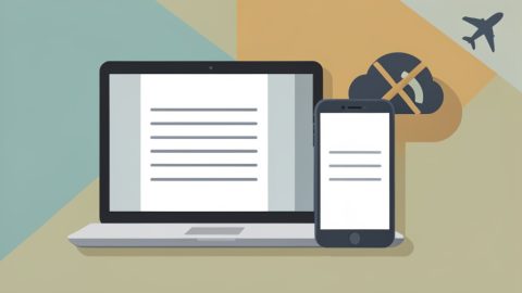 Conceptual illustration of a document on a laptop staying fully visible while a cloud and Wi-Fi symbol are crossed out, beside an airplane-mode icon, evoking notes that work offline