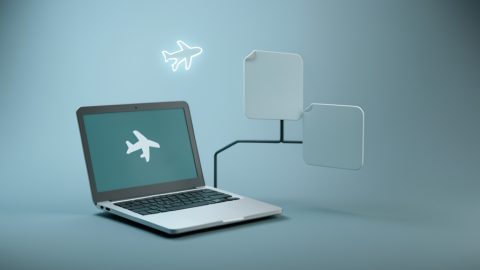 Conceptual illustration of a laptop and document icons connected without a cloud, with an airplane-mode symbol, evoking local-first offline access for a team