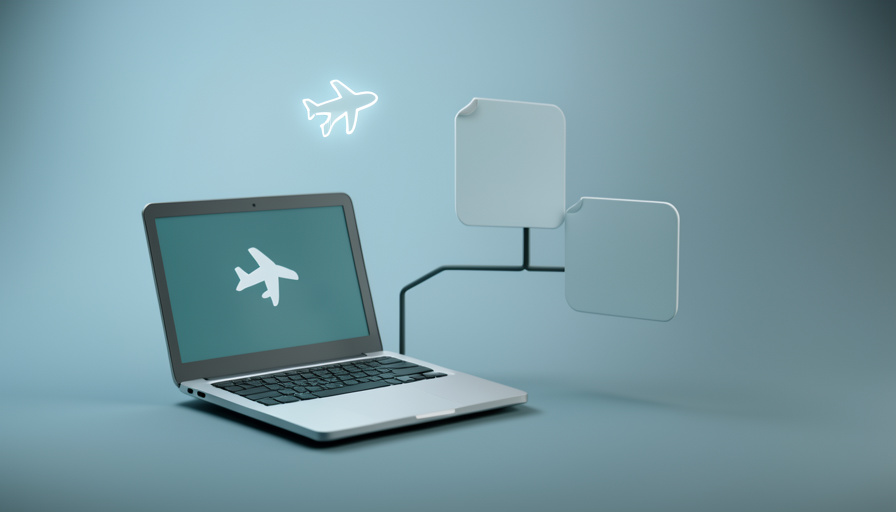 Conceptual illustration of a laptop and document icons connected without a cloud, with an airplane-mode symbol, evoking local-first offline access for a team