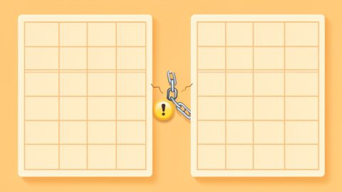 Conceptual illustration of two side-by-side database grid panels connected by a chain link that is snapping, with a small warning symbol, evoking a content-calendar automation breaking