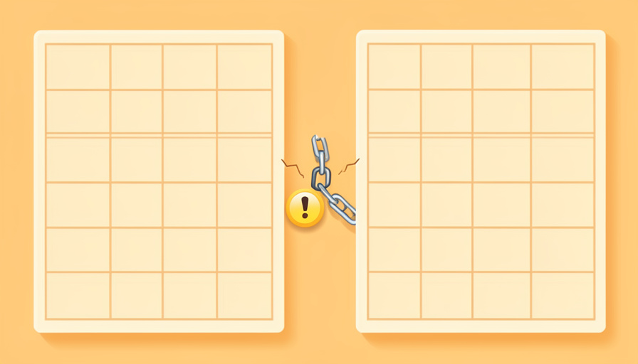 Conceptual illustration of two side-by-side database grid panels connected by a chain link that is snapping, with a small warning symbol, evoking a content-calendar automation breaking