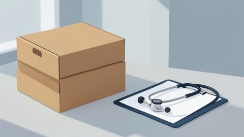 Conceptual illustration of stacked archive document boxes beside a medical clipboard, representing public health records