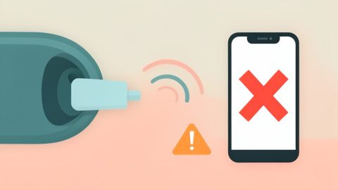 An OBD2 dongle in a port with a broken signal to a phone showing a red X and a warning triangle