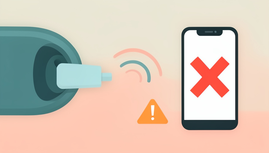 An OBD2 dongle in a port with a broken signal to a phone showing a red X and a warning triangle