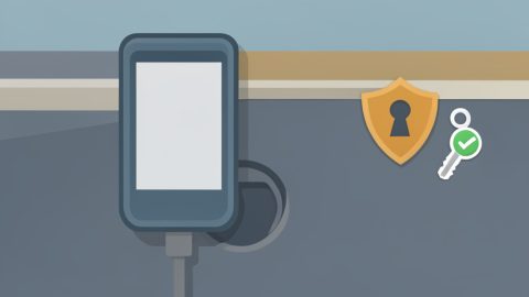 A handheld scan tool cabled to a car's diagnostic port beside a shield with a keyhole and a key with a green checkmark