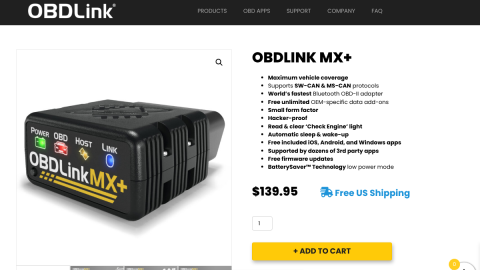 OBDLink MX Plus adapter product page for OBD2 diagnostics on secure gateway vehicles