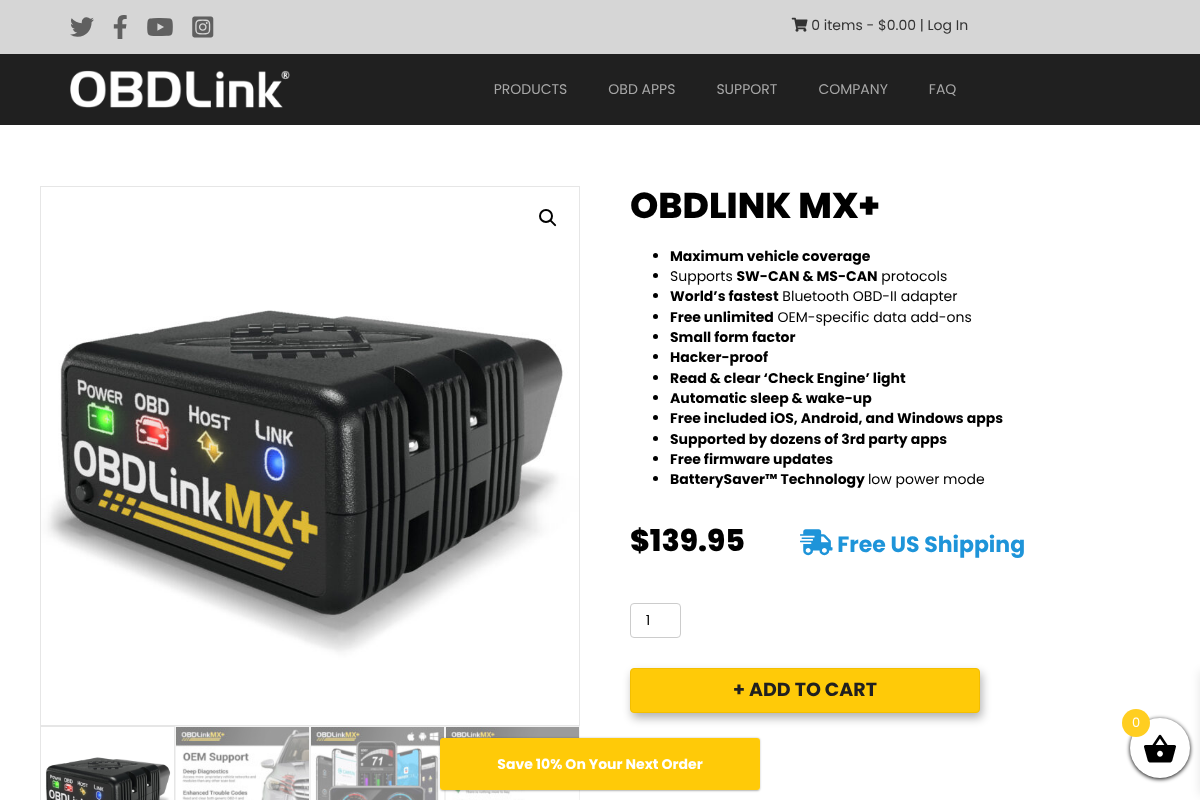 OBDLink MX Plus adapter product page for OBD2 diagnostics on secure gateway vehicles