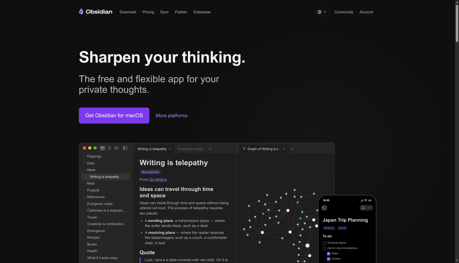 Obsidian homepage, a local-first Markdown note app that works fully offline
