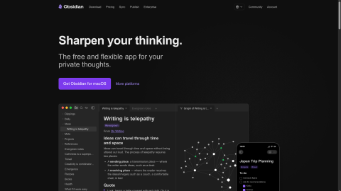 Obsidian homepage, a local-first Markdown note app that works fully offline
